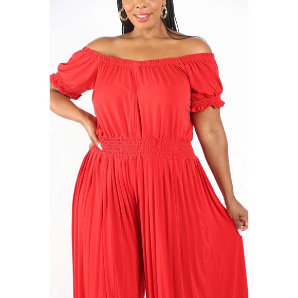 Women's Pleated off Shoulder Jumpsuit Plus Size 1X 2X 3X BLACK RED - Picture 2 of 12